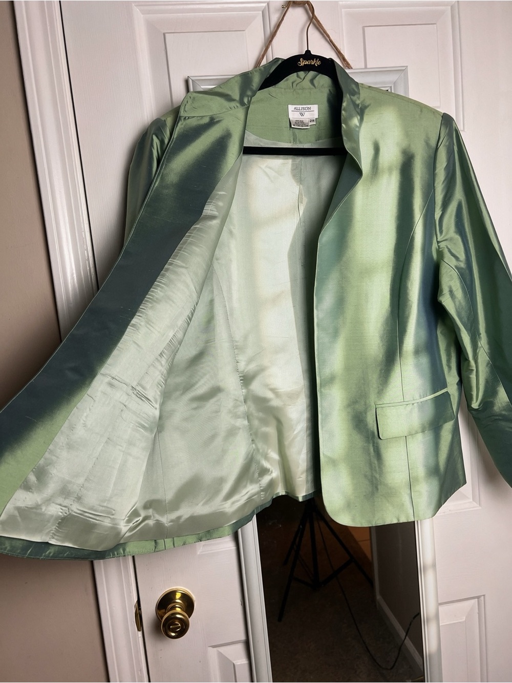 Vintage Y2K 90s Allison W 100% Silk Iridescent Green Blazer Jacket 2X Unisex
